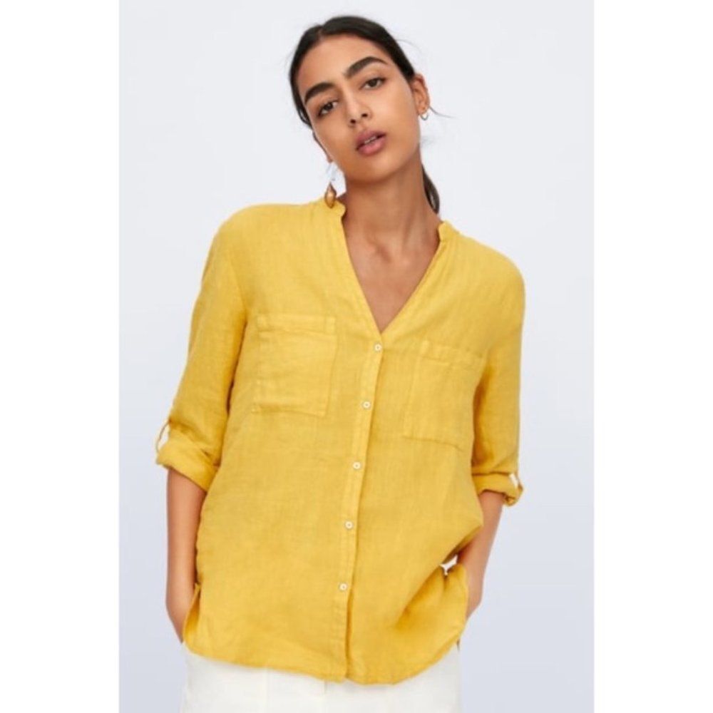 Zara Linen Yellow Button Up Blouse Top